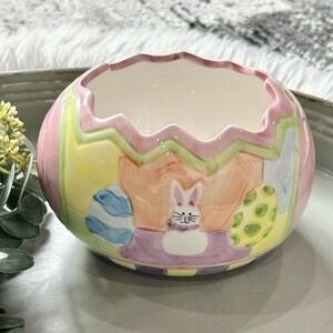 Vintage 1998 GAC Colorful Ceramic Easter Egg Bunny Planter-Candy Dish 5" x 4"